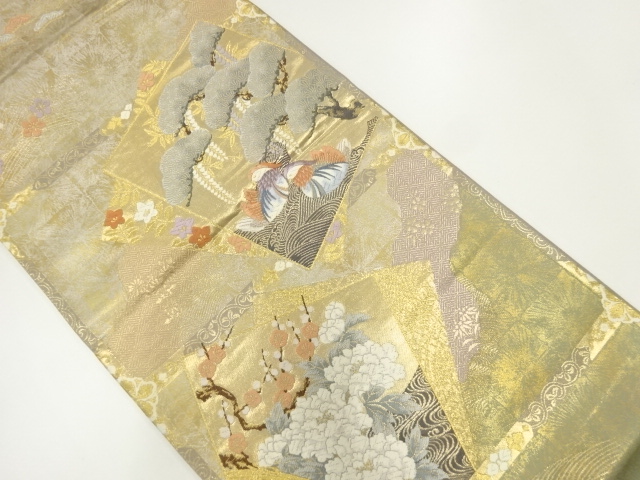 色紙花鳥格子模様織出し袋帯